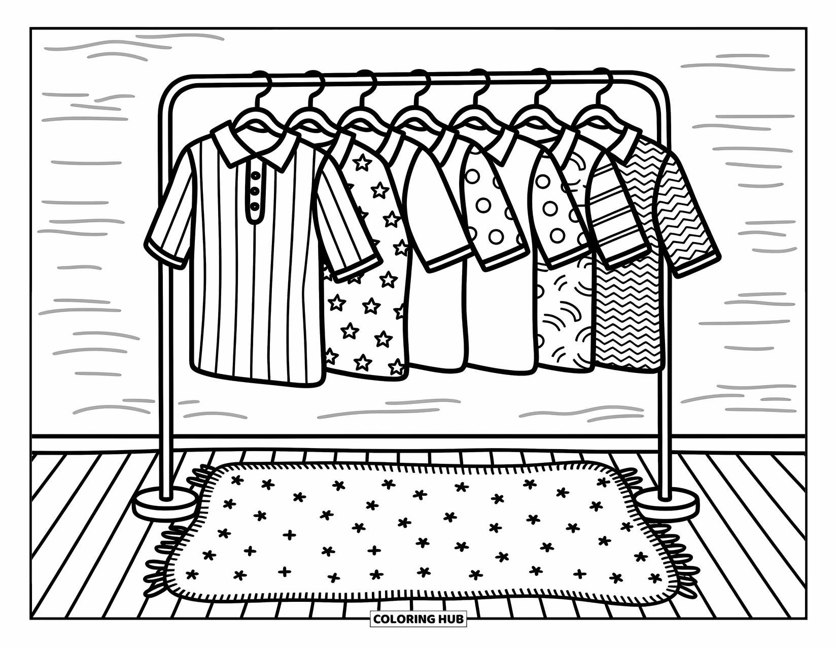 Bowling Coloring Page for Adults: A rack of bowling shirts with fun patterns and soft, cozy details