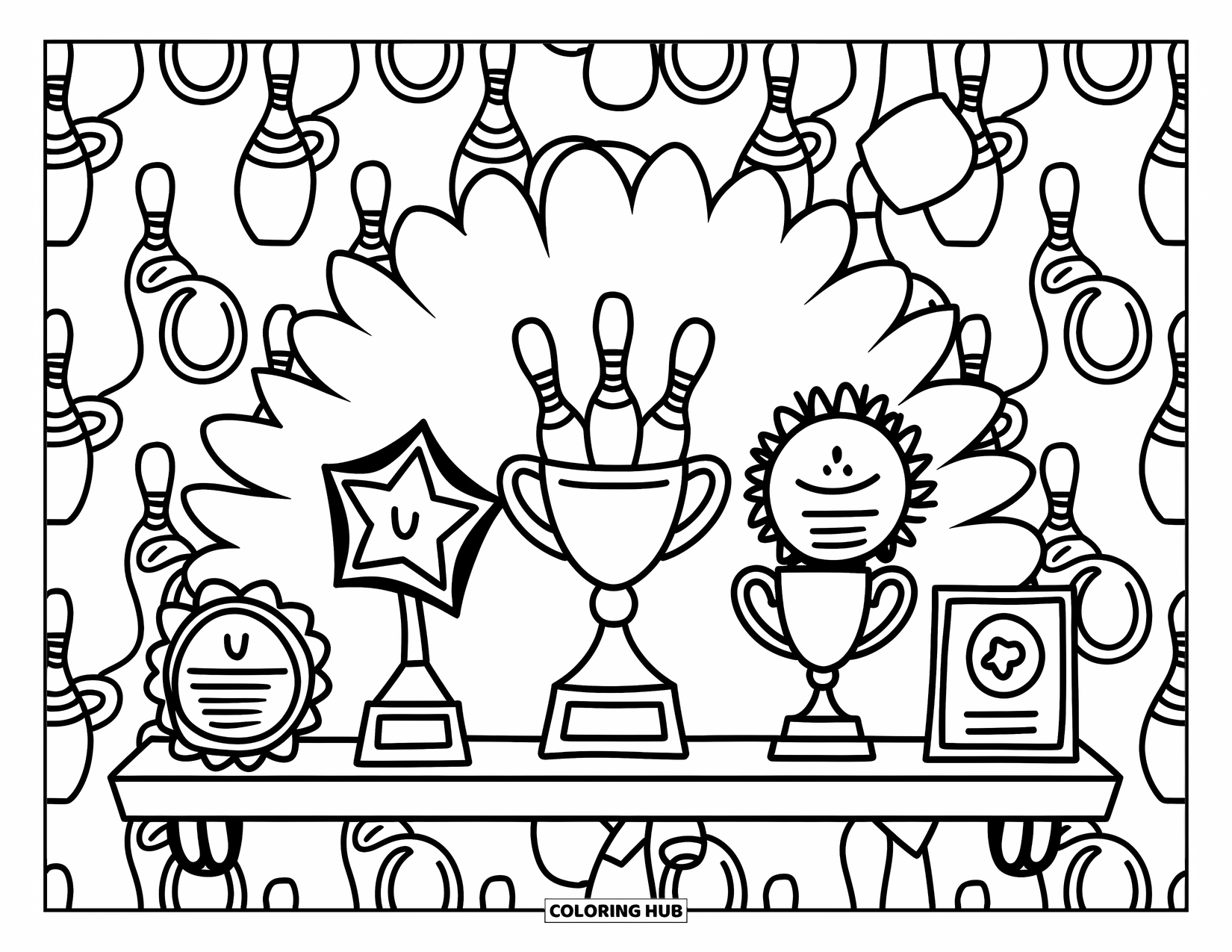 Bowling Coloring Page for Adults: A shelf of trophies and certificates with playful bowling designs