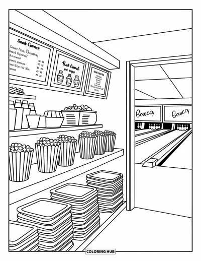 Coloriage de bowling pour adultes : Un comptoir snack baigné d'une lumière chaleureuse avec du popcorn et des gobelets de soda