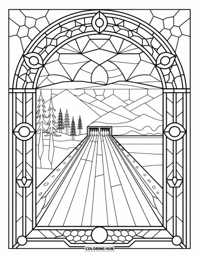 Coloriage de bowling pour adultes : Vue d'une piste de bowling à travers un vitrail avec un paysage paisible