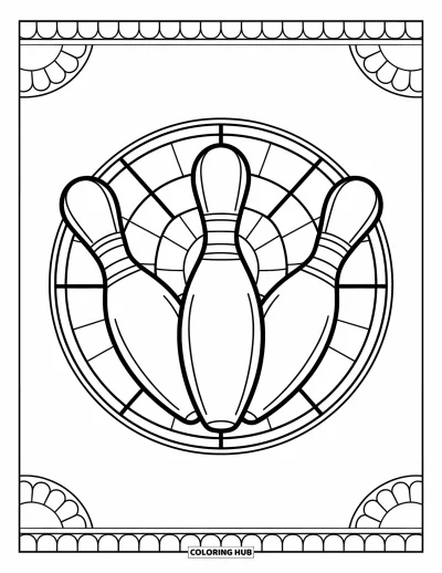 Coloriage de bowling pour adultes : Un trio de quilles décoratives en triangle dans un cadre ornemental