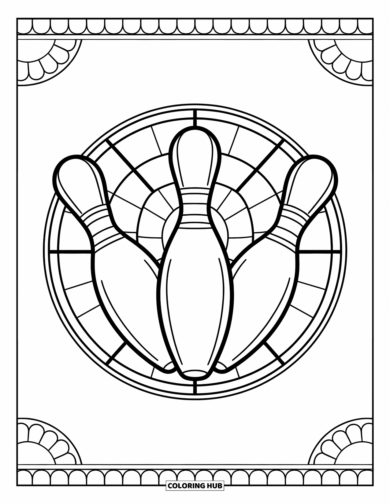 Bowling Coloring Page for Adults: A trio of decorative pins arranged in a triangle with a border