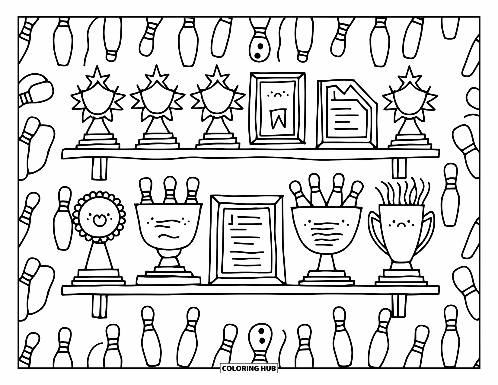 Bowling Coloring Page for Adults: A trophy shelf filled with star-shaped awards and framed certificates