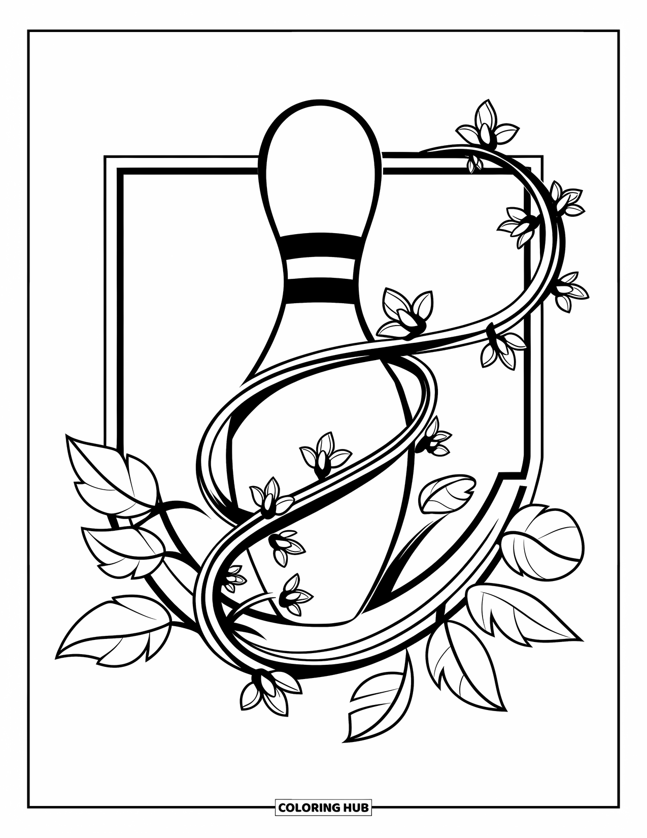 Bowling Coloring Page for Adults: A vine-covered trophy framed by blossoms and bold outlines