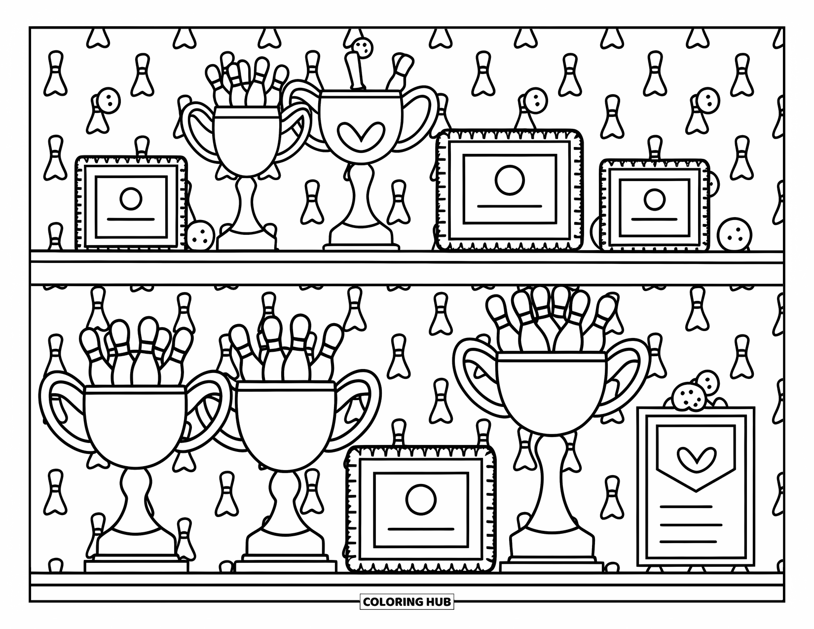 Bowling Coloring Page for Adults: An overflowing trophy shelf with stars, ribbons, and bowling cups