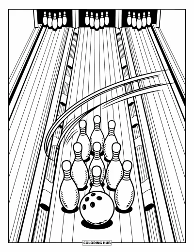 Coloriage de bowling pour adultes : Vue aérienne d'une piste de bowling avec une boule sur le point de frapper les quilles