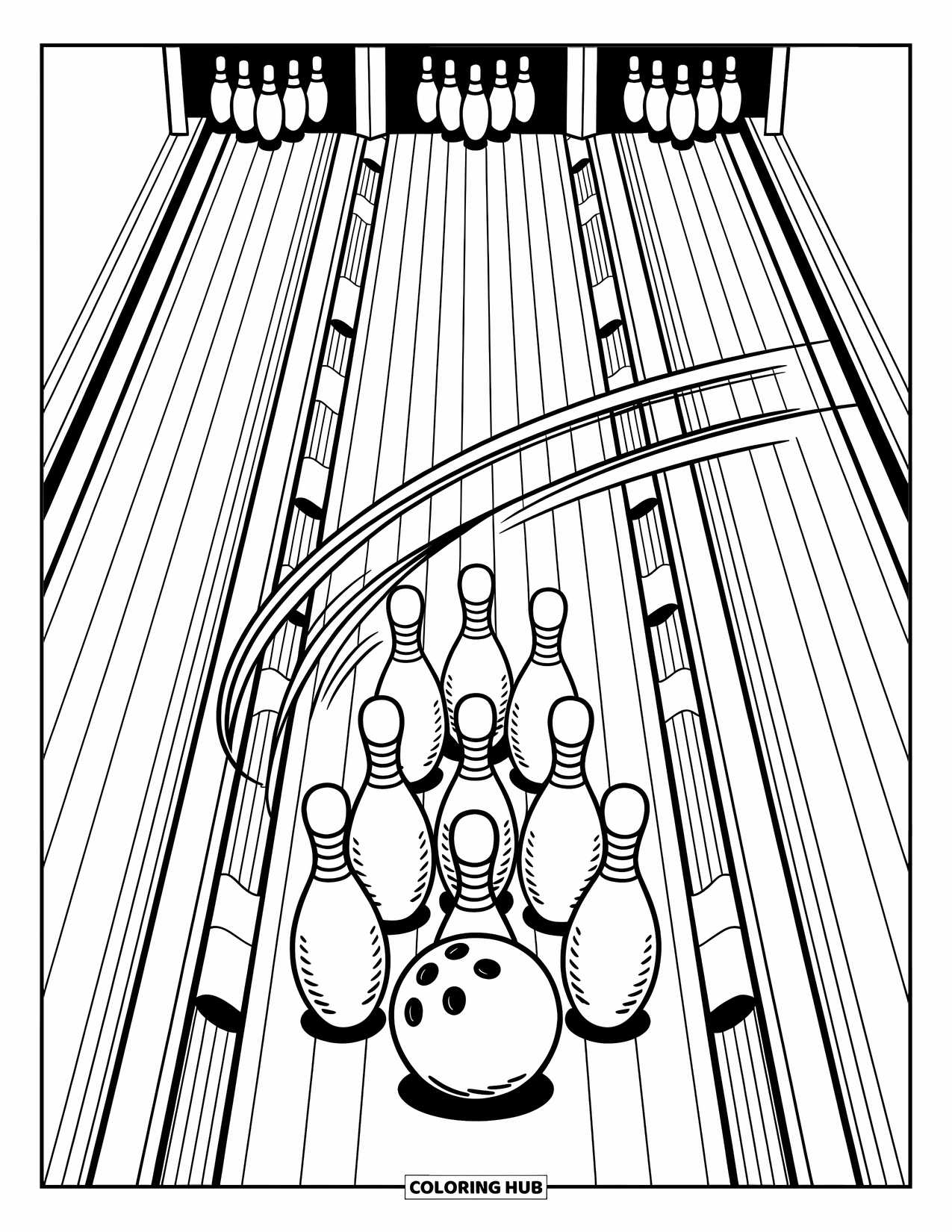 Bowling Coloring Page for Adults: An overhead view of a bowling lane with a ball about to strike pins