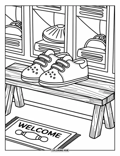 Coloriage de bowling pour adultes : Des chaussures de bowling à velcro sur un banc près de casiers ouverts