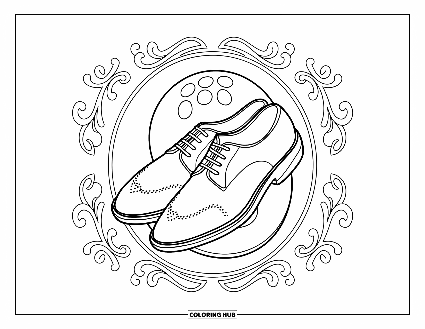 Bowling Coloring Page for Adults: Detailed bowling shoes resting on a bowling ball with scrolls