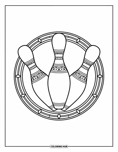 Coloriage de bowling pour adultes : Des quilles ornées de motifs dans un cadre circulaire en verre