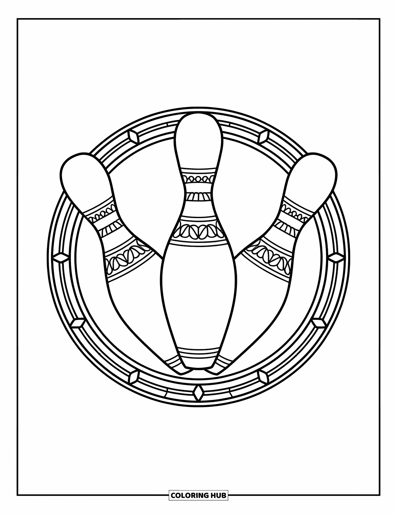 Bowling Coloring Page for Adults: Ornate pins with patterns inside a circular glass frame