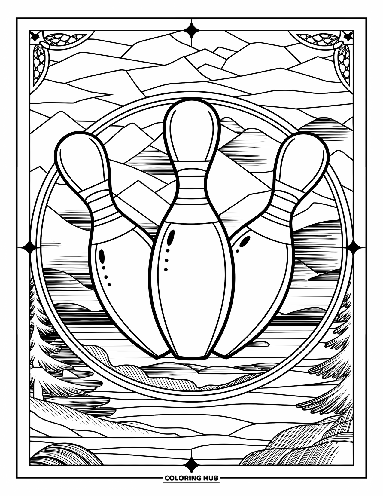 Bowling Coloring Page for Adults: Three detailed pins framed by stained glass and a landscape