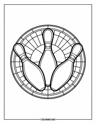Coloriage de bowling pour adultes : Trois quilles ornementales dans un cadre circulaire en vitrail