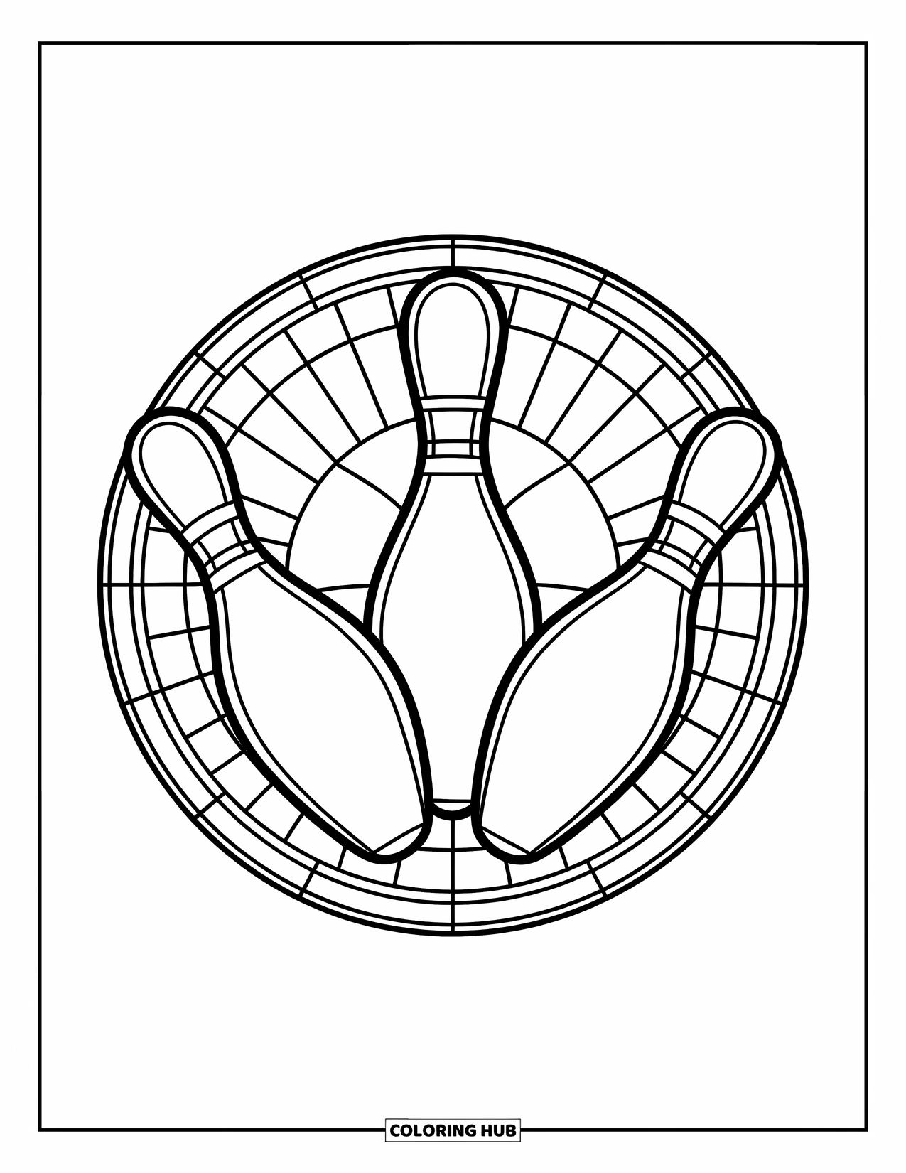Bowling Coloring Page for Adults: Three ornate bowling pins inside a circular stained-glass frame