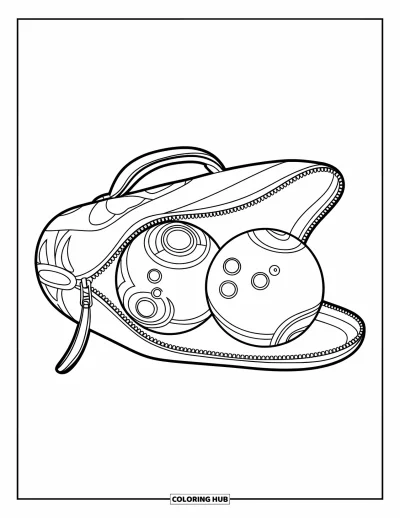 Coloriage de bowling pour enfants : Un sac de bowling ouvert révélant deux boules décorées