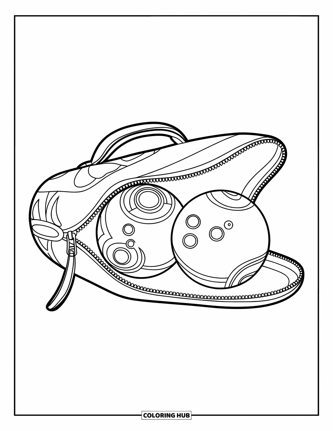 Bowling Coloring Page for Kids: A bowling bag unzipped, revealing two decorated bowling balls