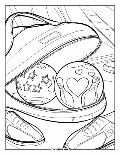 Coloriage de bowling pour enfants : Un sac de bowling avec deux boules et des chaussures à côté