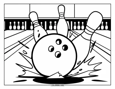 Coloriage de bowling pour enfants : Une boule qui percute une quille dans une scène d'action dynamique
