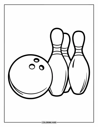 Coloriage de bowling pour enfants : Une boule de bowling à côté de trois quilles aux contours épais et nets