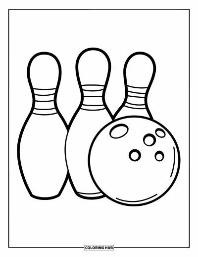 Coloriage de bowling pour enfants : Une boule de bowling posée près de trois grandes quilles sur un sol blanc