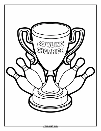 Coloriage de bowling pour enfants : Un trophée « Bowling Champion » avec des quilles décoratives à sa base