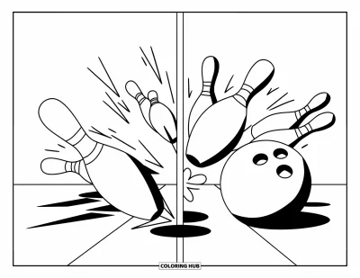 Coloriage de bowling pour enfants : Une piste partagée entre un strike et une boule qui roule vers le caniveau