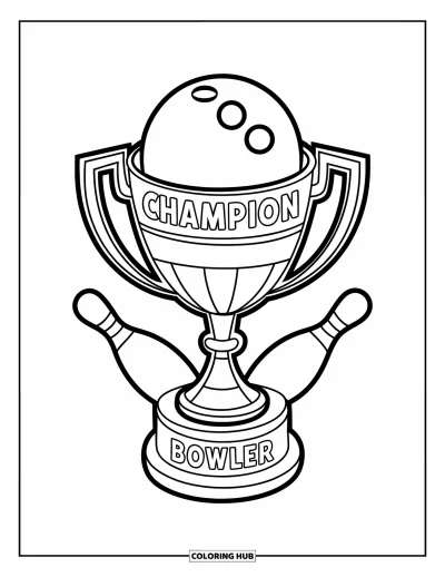 Coloriage de bowling pour enfants : Un trophée « Champion Bowler » posé sur trois quilles de bowling