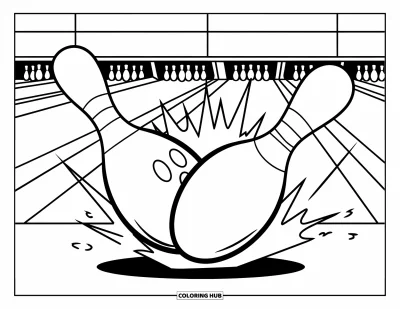 Coloriage de bowling pour enfants : Une scène d'impact avec une boule qui projette une quille en l'air