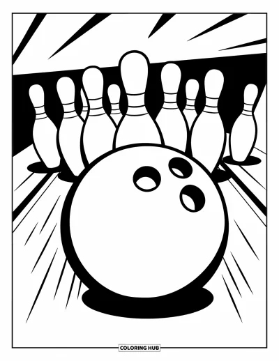 Coloriage de bowling pour enfants : Un lancer spectaculaire d'une boule fonçant vers dix quilles