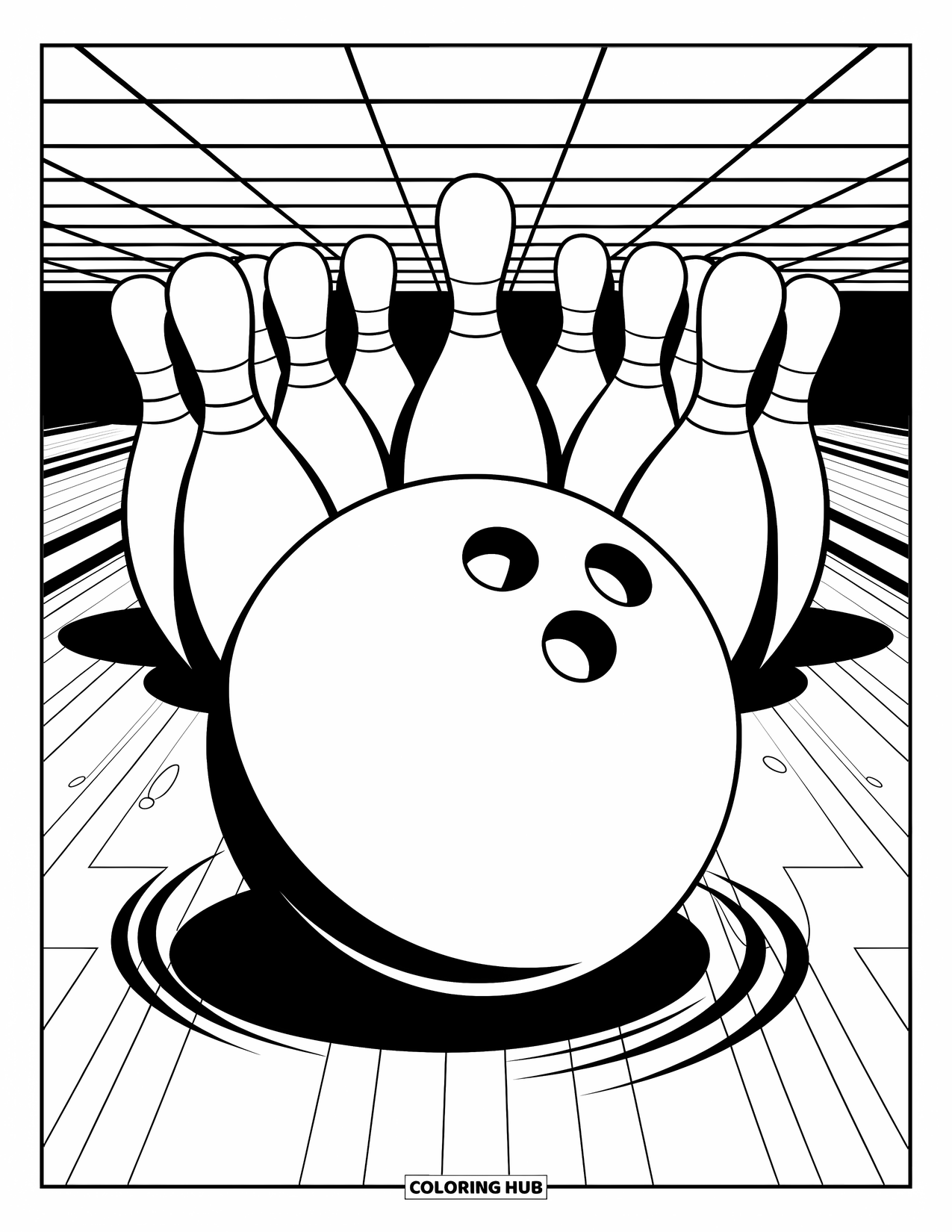 Bowling Coloring Page for Kids: A fast-rolling bowling ball aiming straight at a triangle of pins