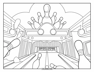 Coloriage de bowling pour enfants : Vue de face d'une salle de bowling avec des enseignes lumineuses et des quilles