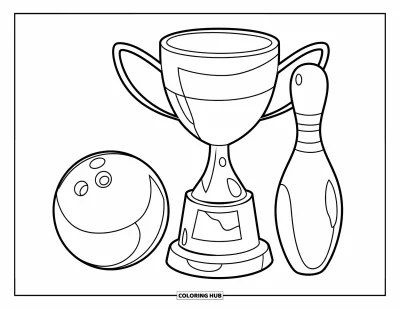 Coloriage de bowling pour enfants : Un trophée de bowling à base dorée à côté d'une quille et d'une boule