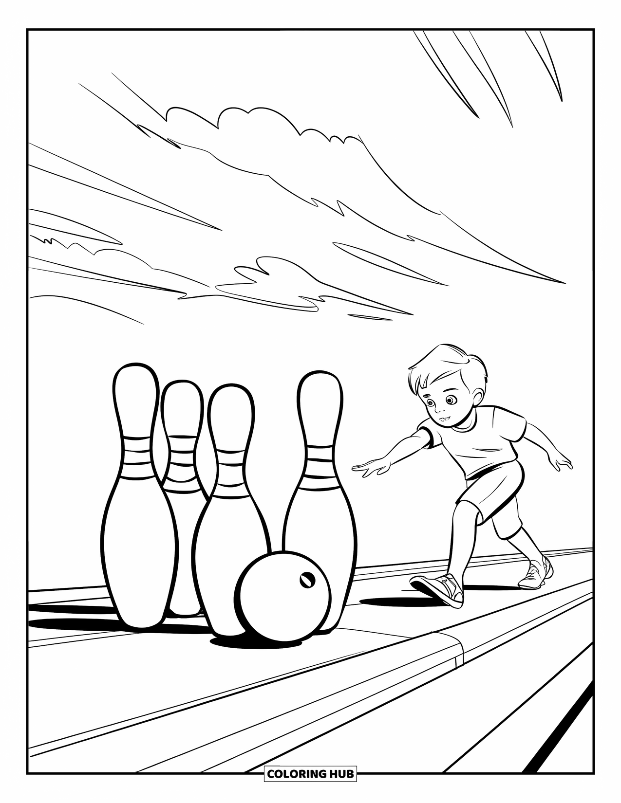 Bowling Coloring Page for Kids: A kid rolling a ball down the lane toward upright pins