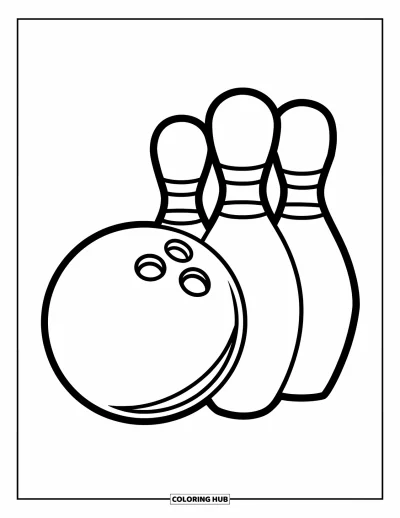 Coloriage de bowling pour enfants : Une grande boule de bowling près de trois quilles dans une scène toute blanche