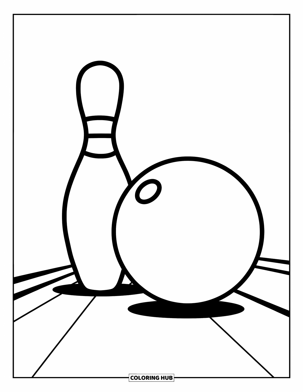 Bowling Coloring Page for Kids: A lone pin on the lane with a bowling ball rolling closer