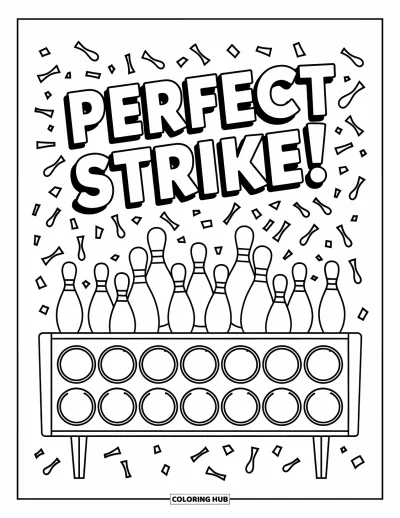 Coloriage de bowling pour enfants : Un tableau de score « PERFECT STRIKE » avec des confettis en forme de bowling