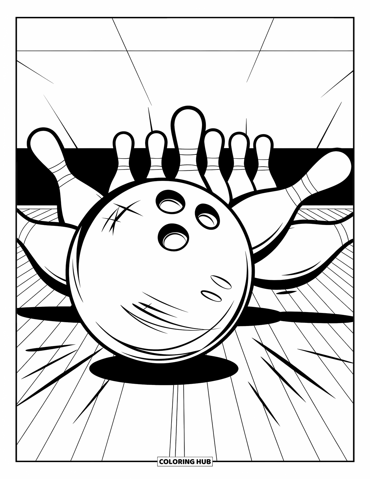 Bowling Coloring Page for Kids: A powerful bowling throw captured mid-roll toward the pins