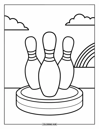 Coloriage de bowling pour enfants : Trois quilles sur une plateforme sous un ciel arc-en-ciel