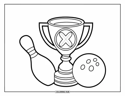 Coloriage de bowling pour enfants : Un trophée brillant et une quille près d'une boule rainurée
