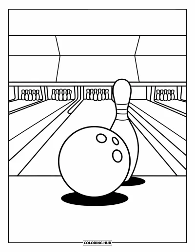 Coloriage de bowling pour enfants : Une quille solitaire debout alors qu'une boule roule vers elle