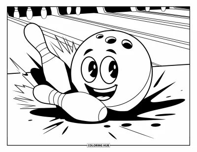 Coloriage de bowling pour enfants : Une boule de bowling souriante qui renverse une quille en l'air