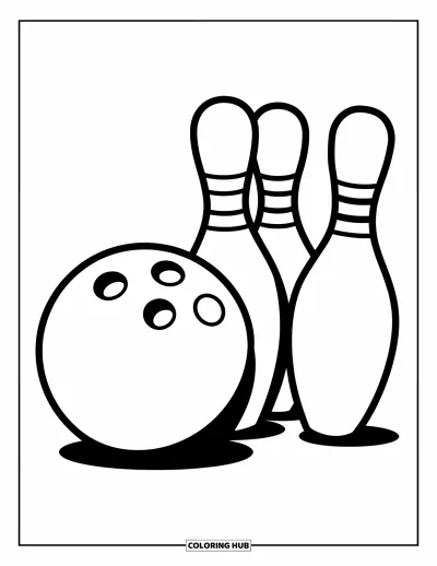 Coloriage de bowling pour enfants : Une boule de bowling texturée à côté de trois quilles fines et effilées