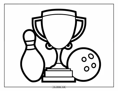 Coloriage de bowling pour enfants : Un trophée, une quille et une boule joliment disposés