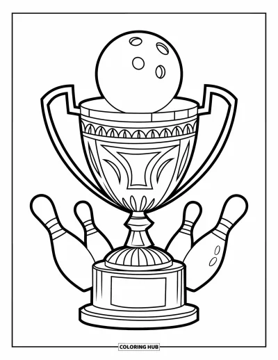 Coloriage de bowling pour enfants : Un trophée avec des quilles à sa base et une boule au sommet