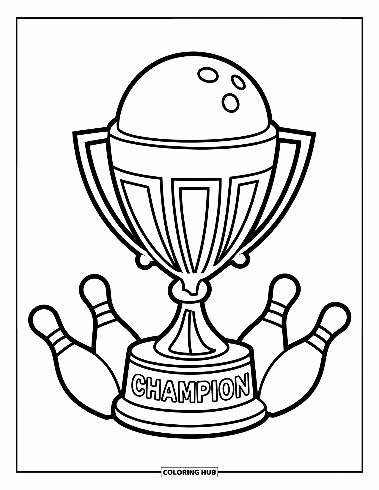 Bowling Coloring Page for Kids: A trophy with five pins and a ball atop a polished stand