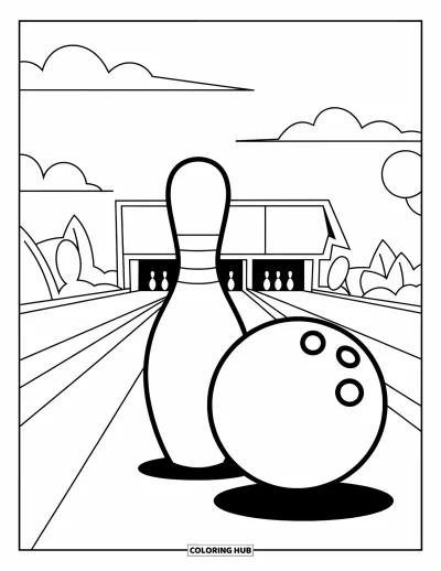 Coloriage de bowling pour enfants : Une quille et une boule qui roule sous un ciel nuageux avec des arbres