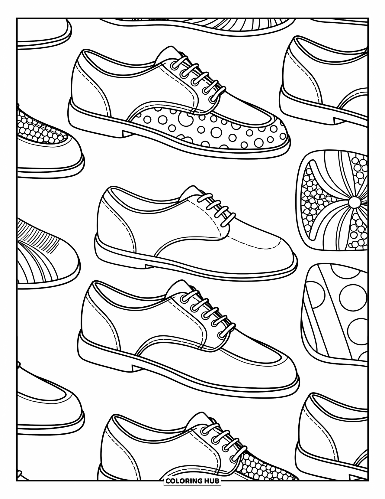 Bowling Coloring Page for Kids: Stylish bowling shoe designs featuring stripes, dots, and flowers