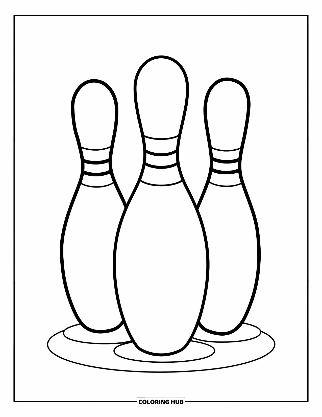 Bowling Coloring Page for Kids: Three bowling pins in a triangle with wide, easy shapes to color