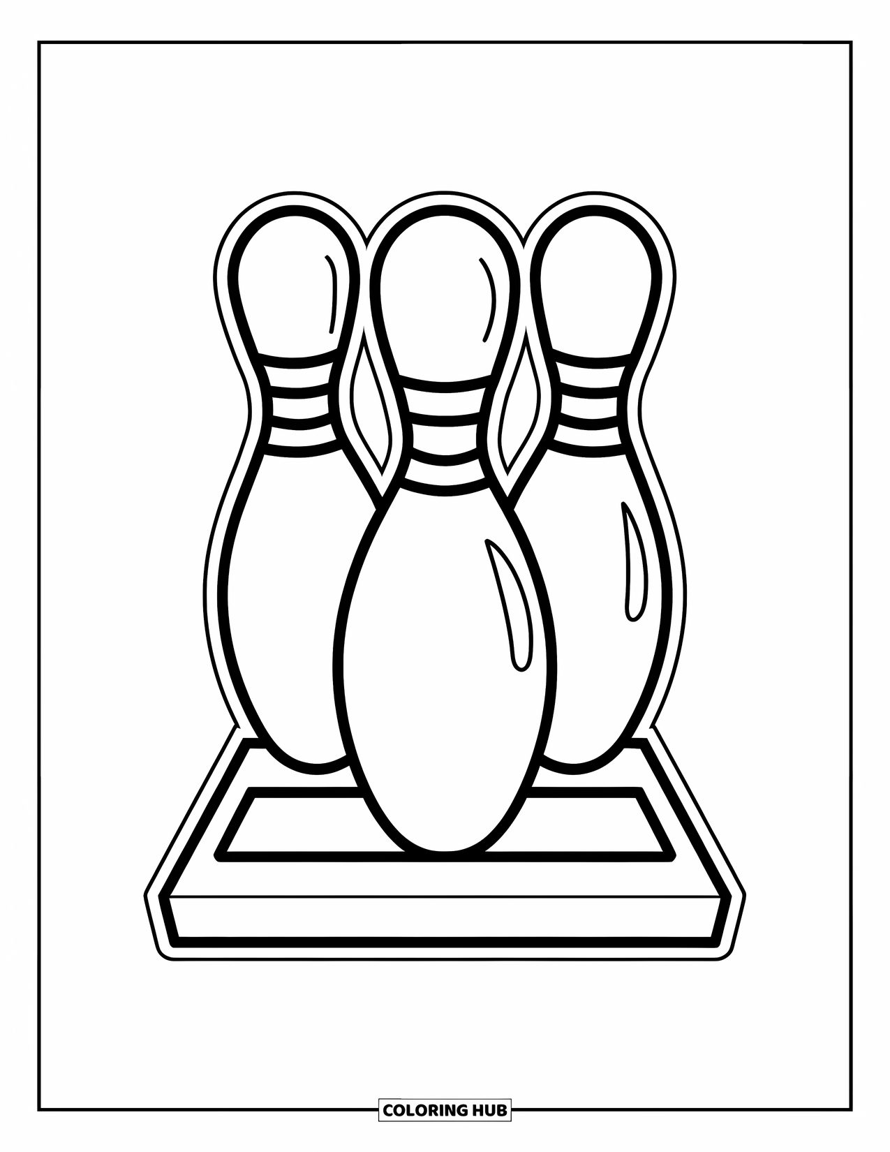 Bowling Coloring Page for Kids: Three round bowling pins on a small rectangular platform