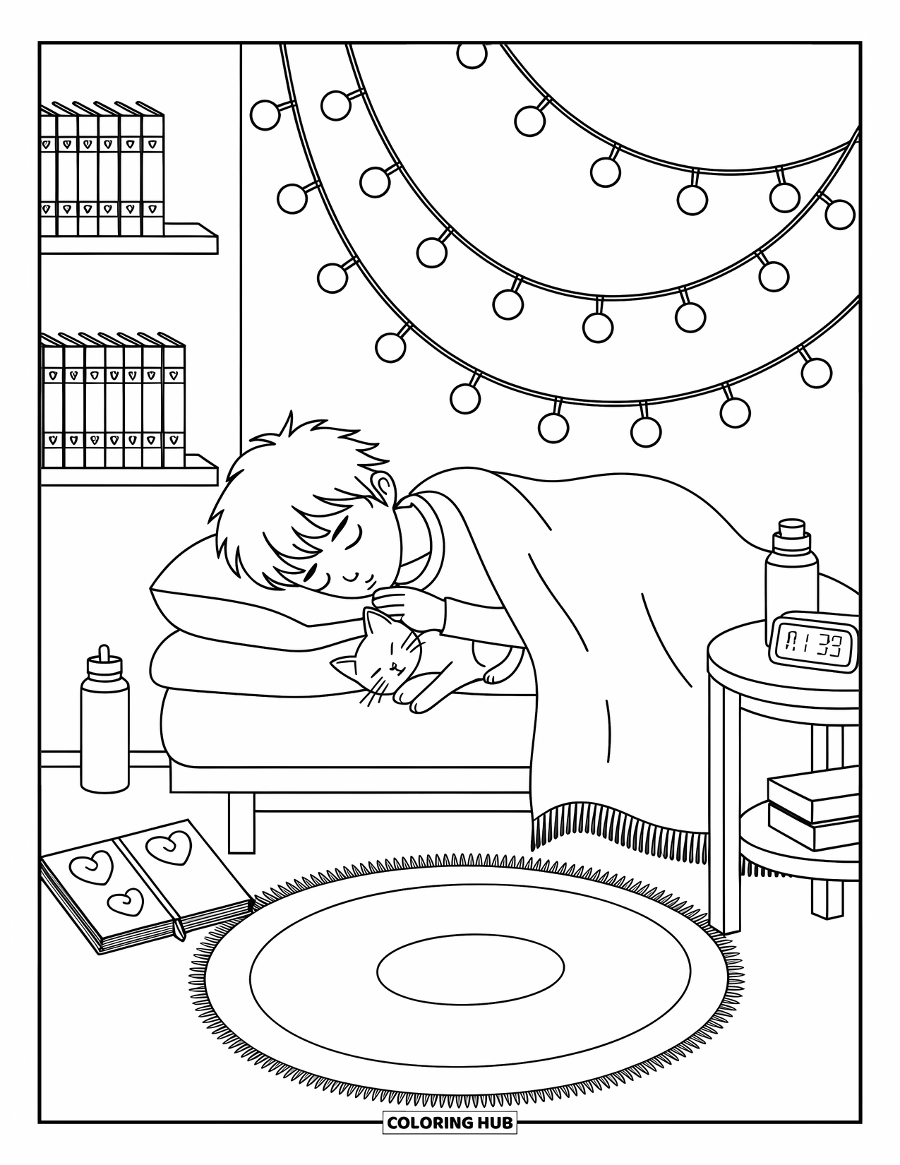 Boyfriend Coloring Page for Adults: A boy and his cat rest peacefully under warm lights